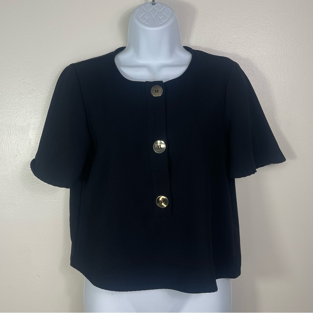 Black Short-Sleeve Button Front Women’s Top